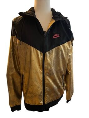 NIKE  Sportswear Windrunner Metallic Gold and Black Hooded Jacket Size Medium